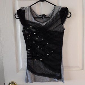 White House Black Market Gray Black Lace Bling Shirt XXS